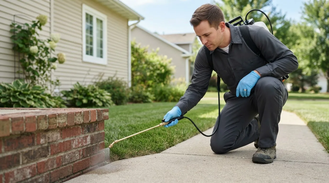 Pest control technician treating a home near Dayton, OH